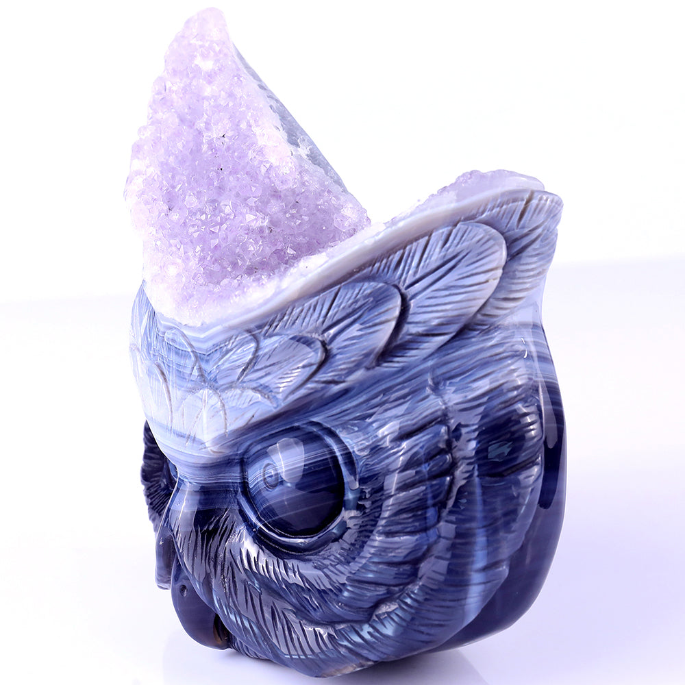 6.1" Amethyst Cluster Owl Head Carving - Unique Piece #3100104