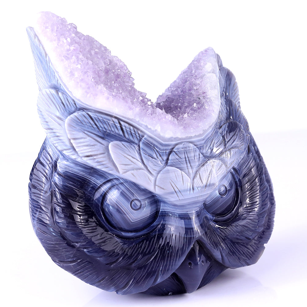 6.1" Amethyst Cluster Owl Head Carving - Unique Piece #3100104