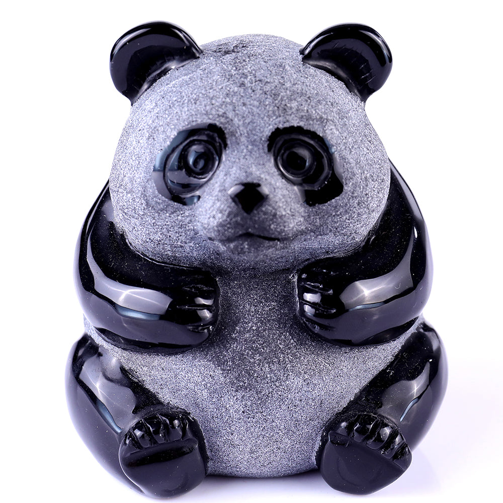 2.7" Frosted Obsidian Sitting Panda Carving - Unique Piece #3100109
