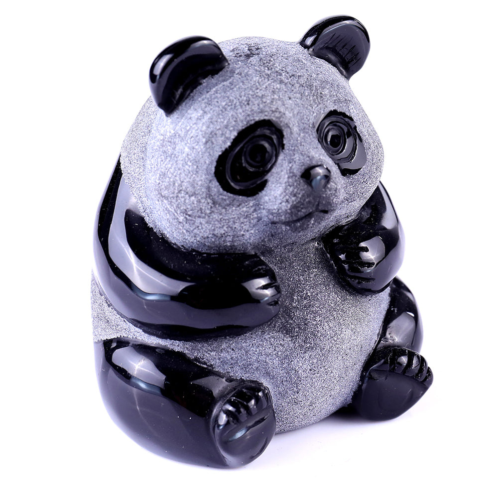 2.7" Frosted Obsidian Sitting Panda Carving - Unique Piece #3100109