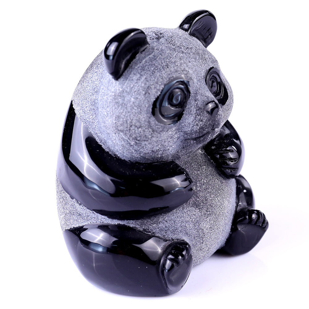 2.7" Frosted Obsidian Sitting Panda Carving - Unique Piece #3100109