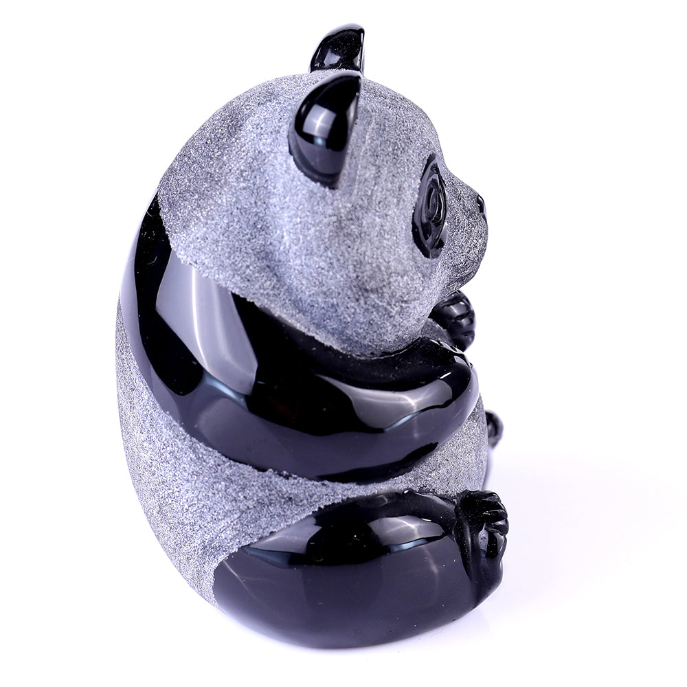 2.7" Frosted Obsidian Sitting Panda Carving - Unique Piece #3100109