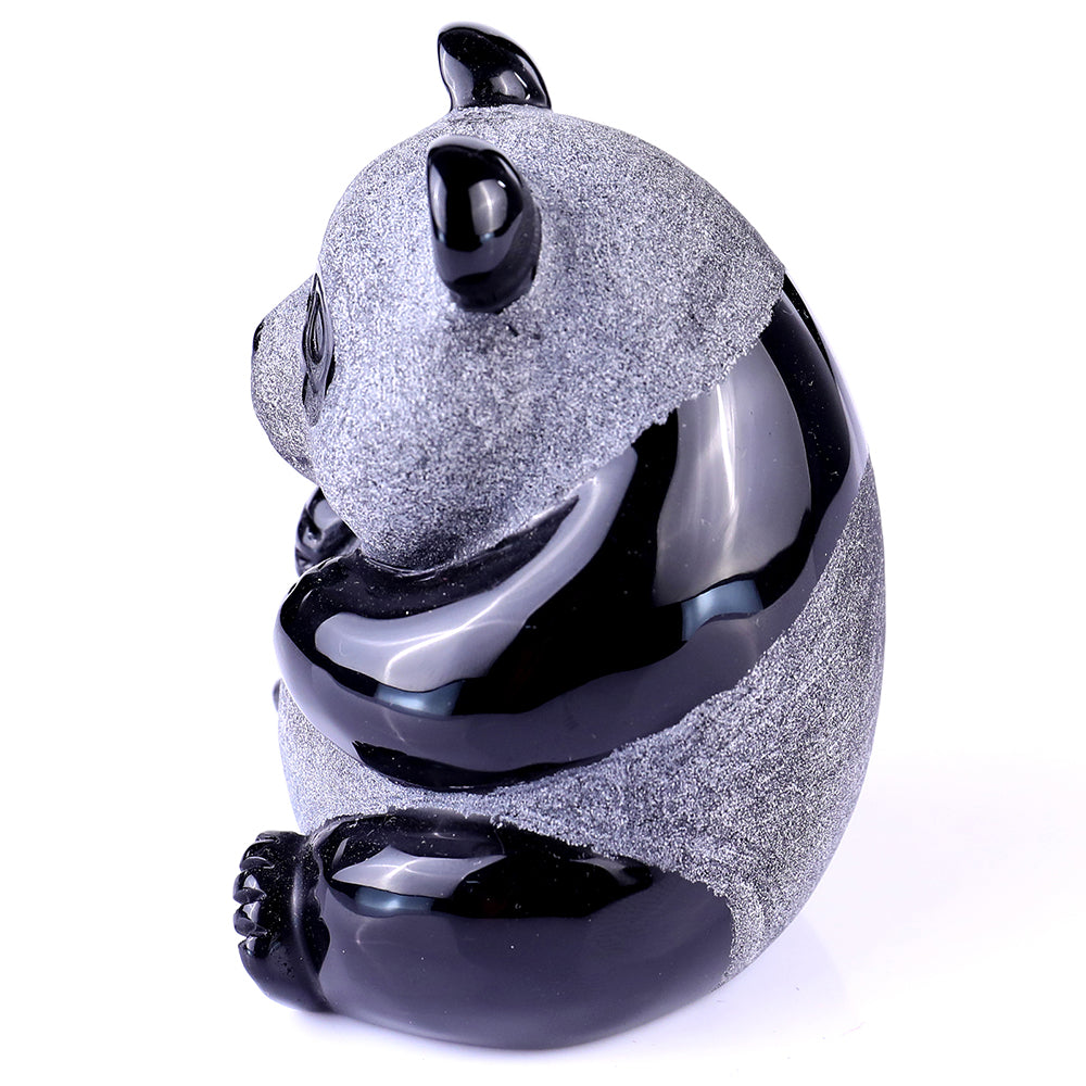2.7" Frosted Obsidian Sitting Panda Carving - Unique Piece #3100109
