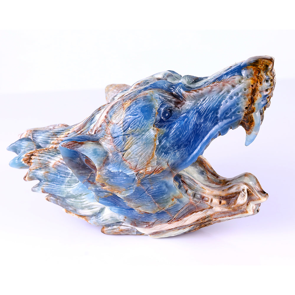 9.8" Blue Angelite Wolf Head Carving - Unique Piece #3100113