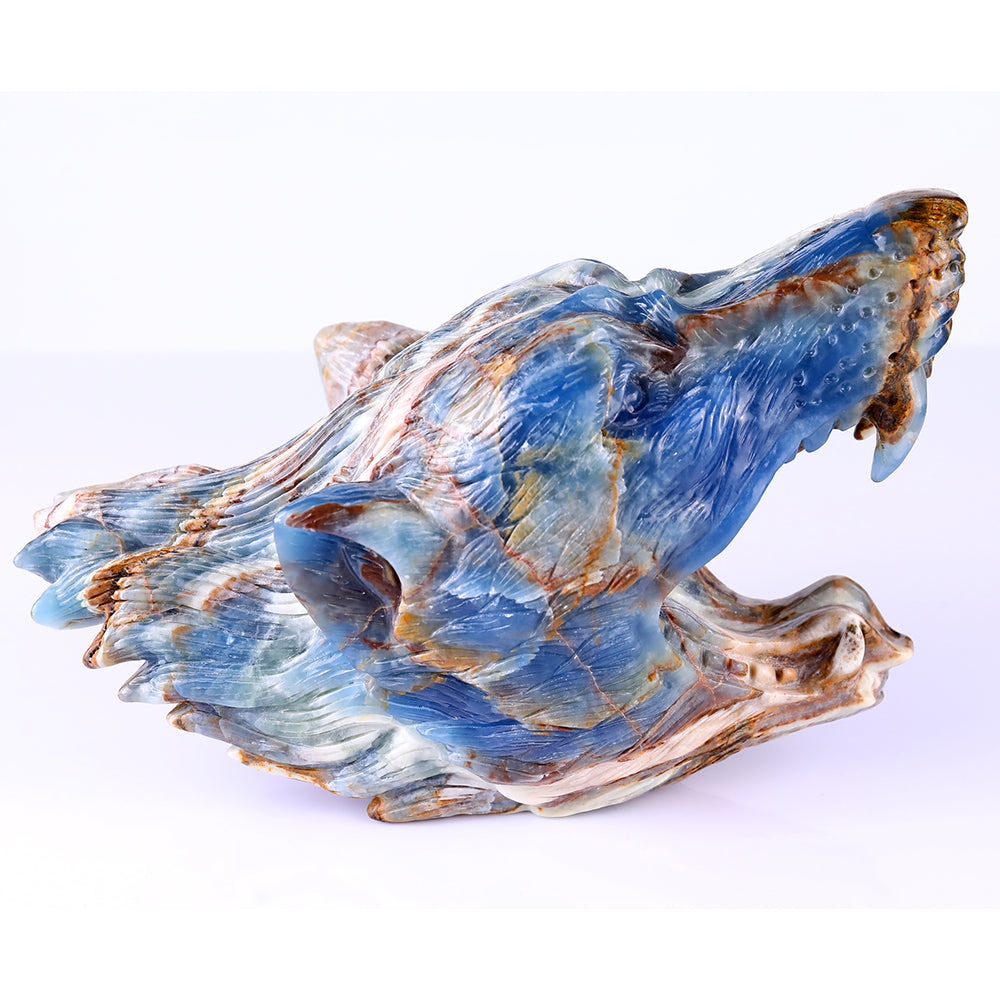 9.8" Blue Angelite Wolf Head Carving - Unique Piece #3100113