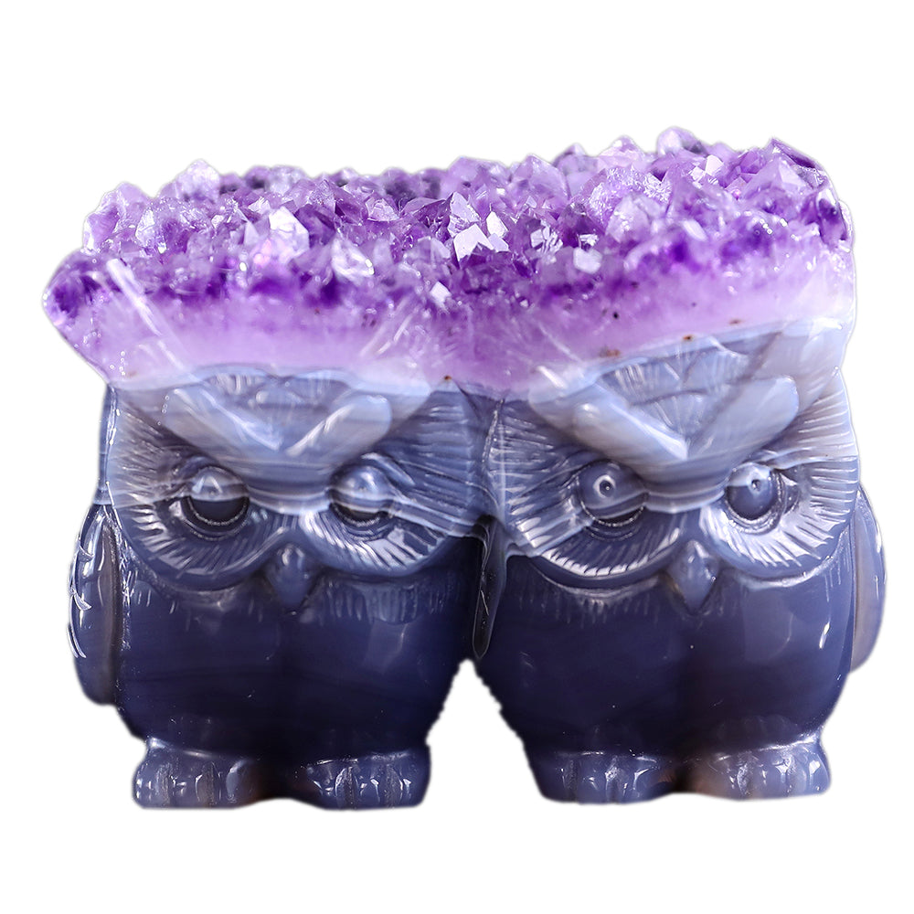 3.0" Amethyst Cluster Double Owl Carving - Unique Piece #3100141