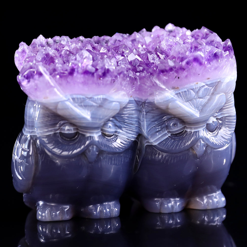 3.0" Amethyst Cluster Double Owl Carving - Unique Piece #3100141