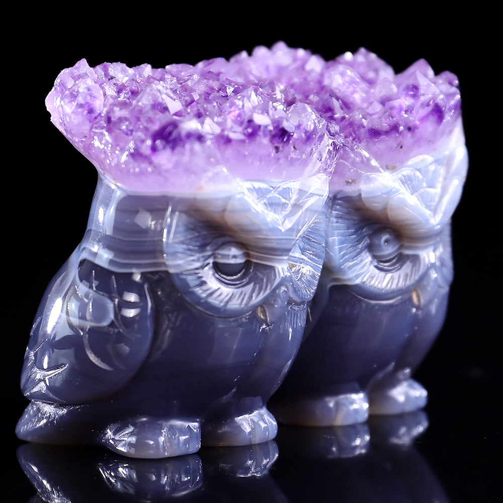3.0" Amethyst Cluster Double Owl Carving - Unique Piece #3100141
