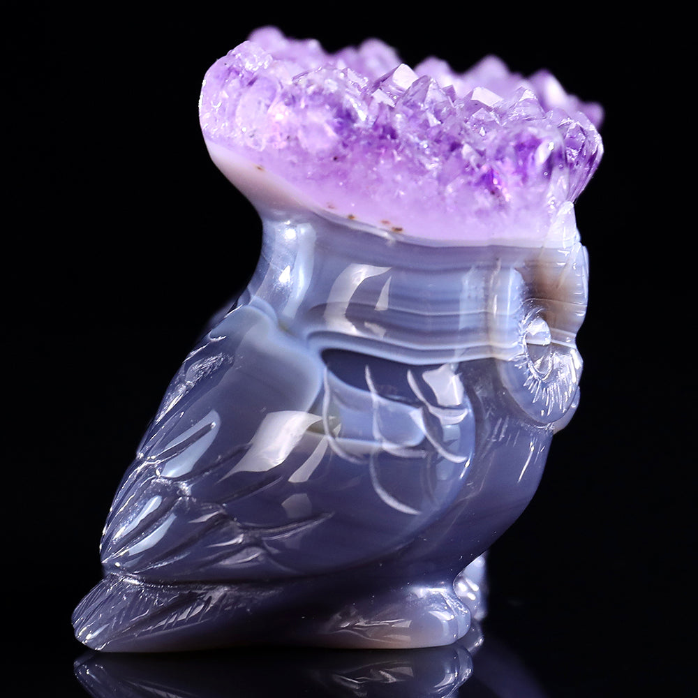 3.0" Amethyst Cluster Double Owl Carving - Unique Piece #3100141