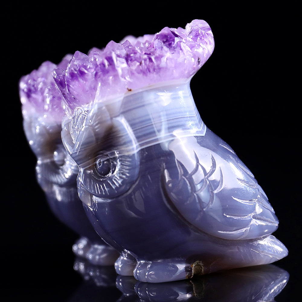 3.0" Amethyst Cluster Double Owl Carving - Unique Piece #3100141