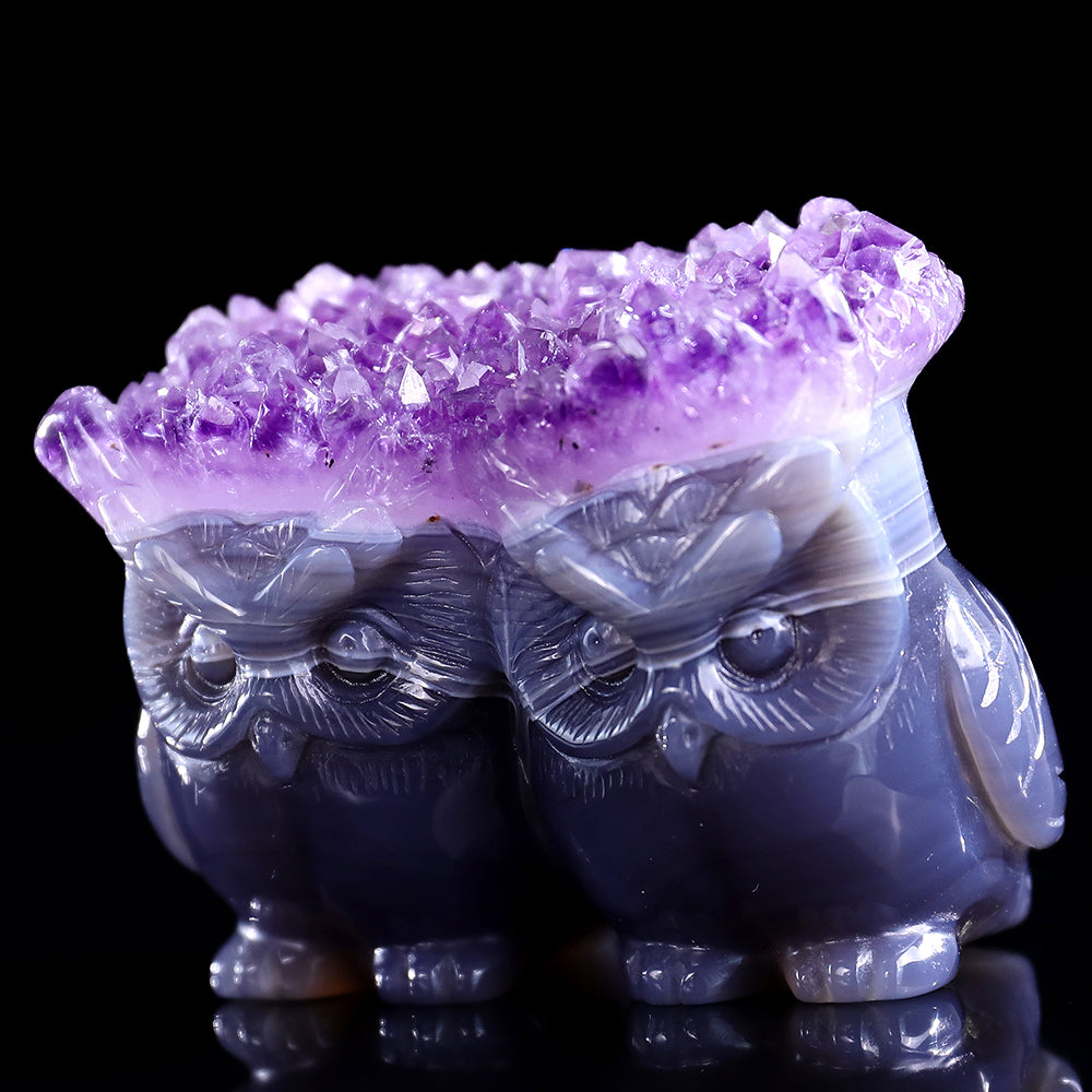 3.0" Amethyst Cluster Double Owl Carving - Unique Piece #3100141