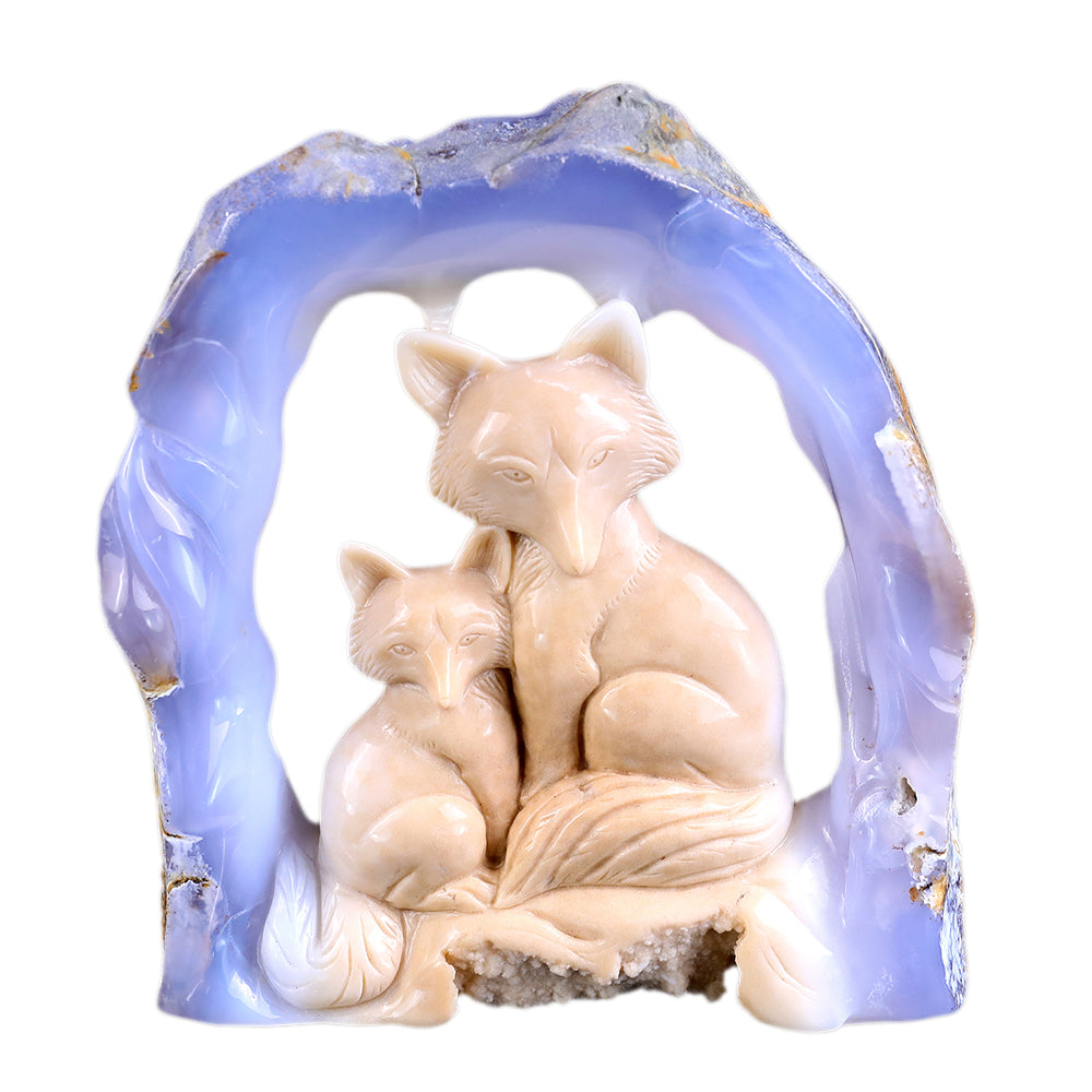 5.8" Blue Chalcedony Mother and Baby Fox Carving - Unique Piece #3100143