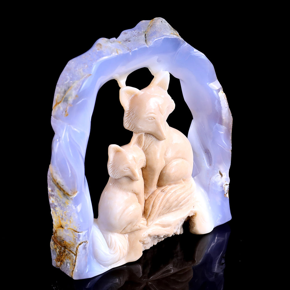 5.8" Blue Chalcedony Mother and Baby Fox Carving - Unique Piece #3100143