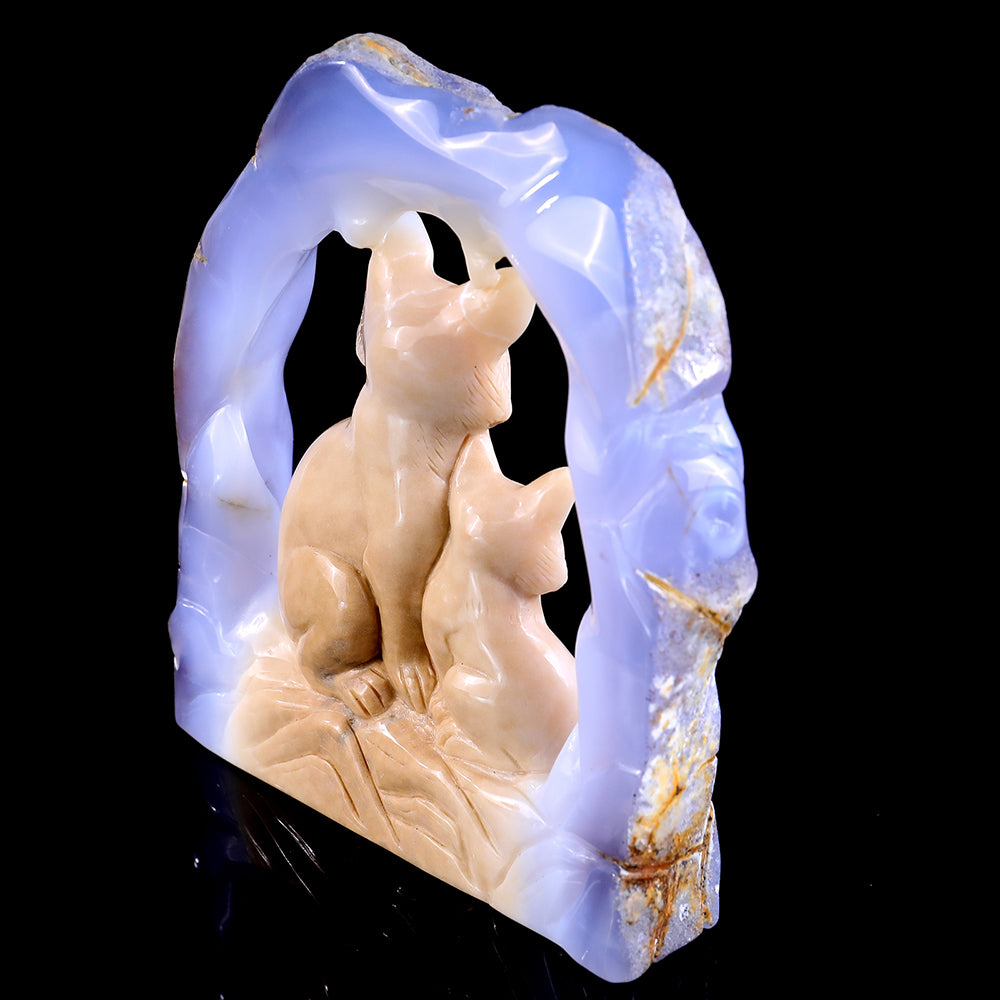 5.8" Blue Chalcedony Mother and Baby Fox Carving - Unique Piece #3100143