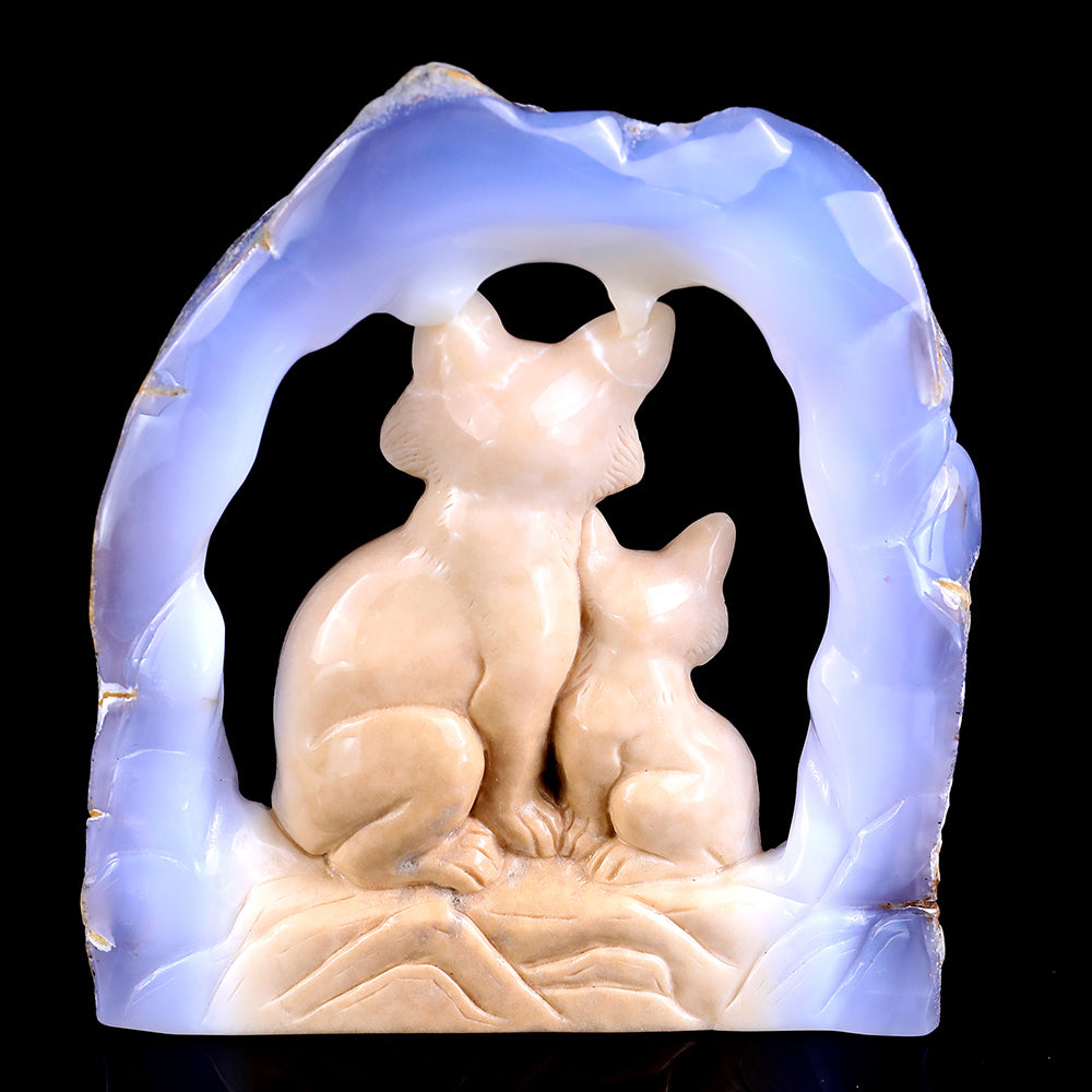 5.8" Blue Chalcedony Mother and Baby Fox Carving - Unique Piece #3100143