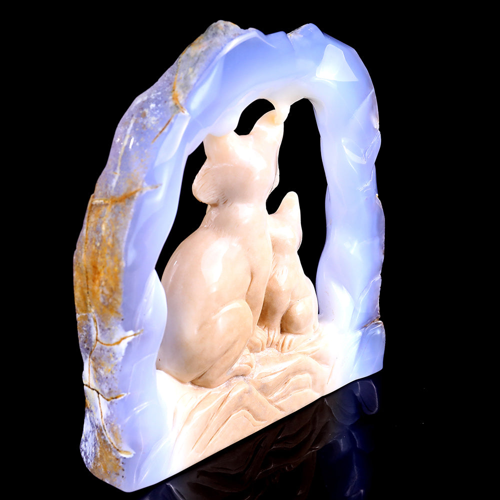 5.8" Blue Chalcedony Mother and Baby Fox Carving - Unique Piece #3100143
