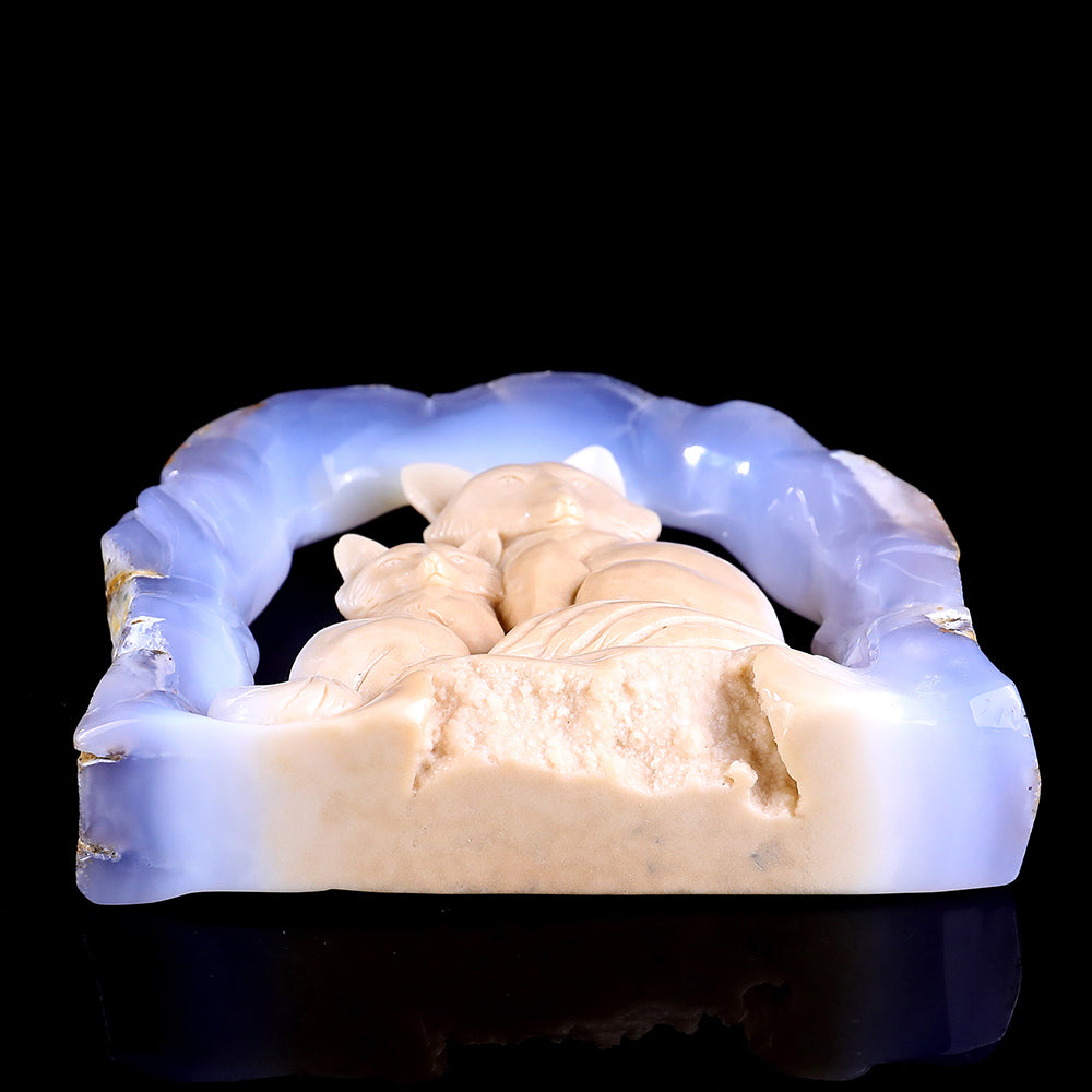5.8" Blue Chalcedony Mother and Baby Fox Carving - Unique Piece #3100143