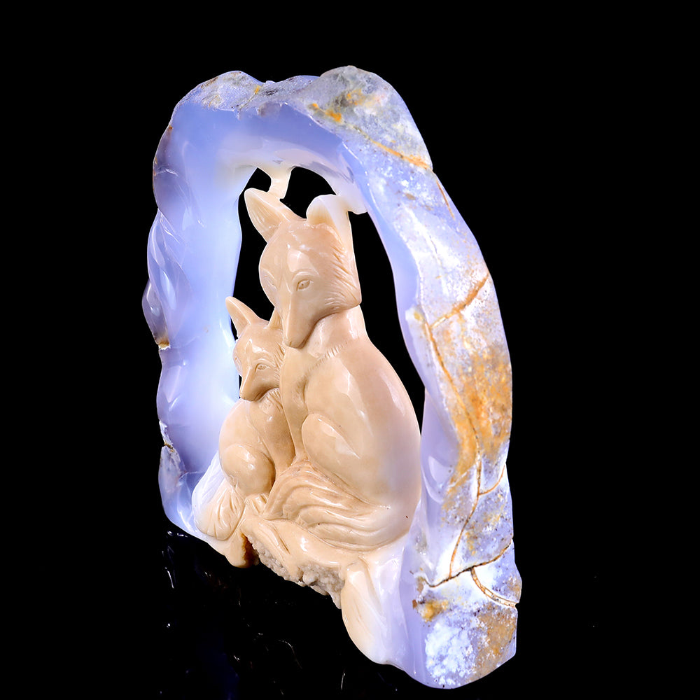 5.8" Blue Chalcedony Mother and Baby Fox Carving - Unique Piece #3100143