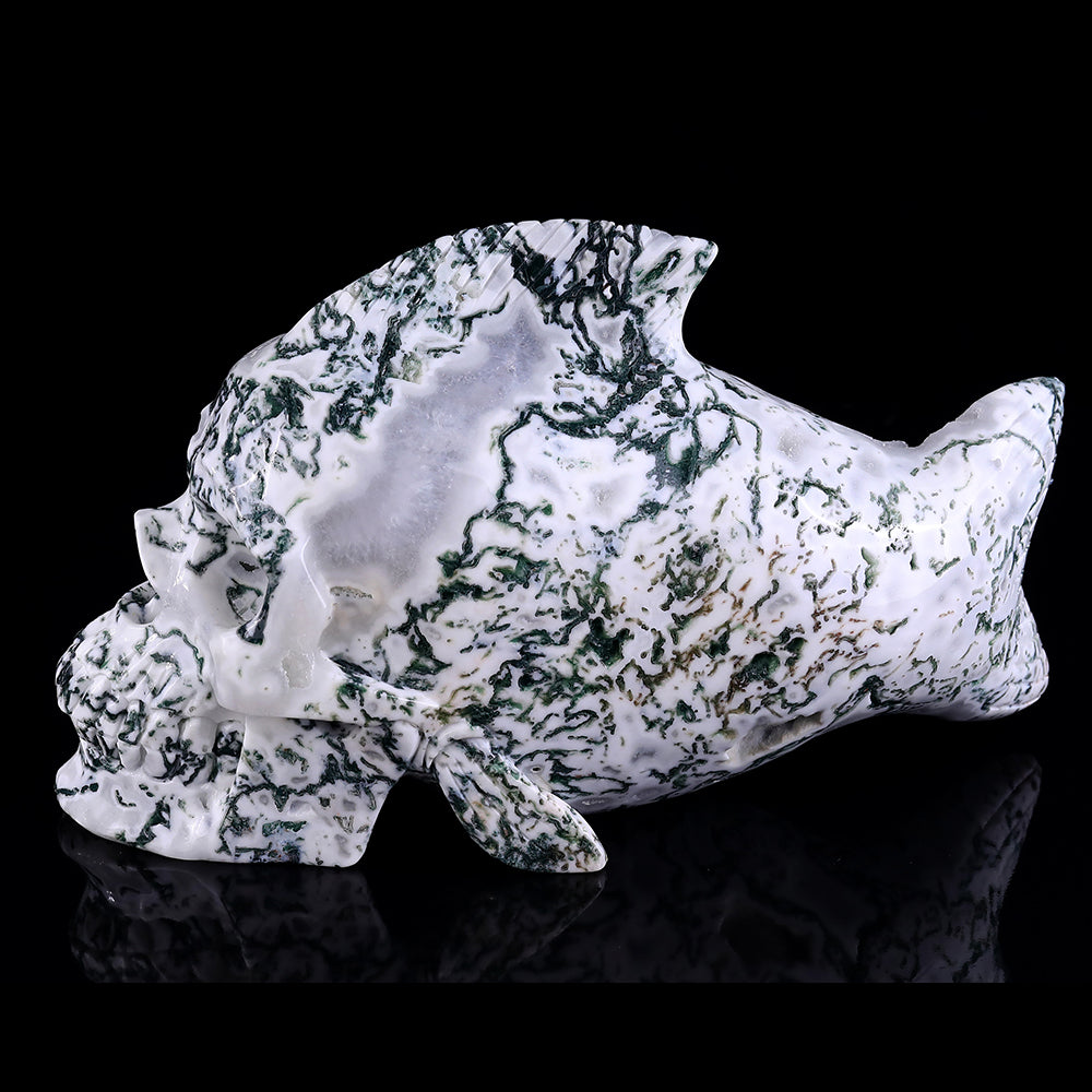 11.4" Moss Agate Fish Skull Carving - Unique Piece #3100153