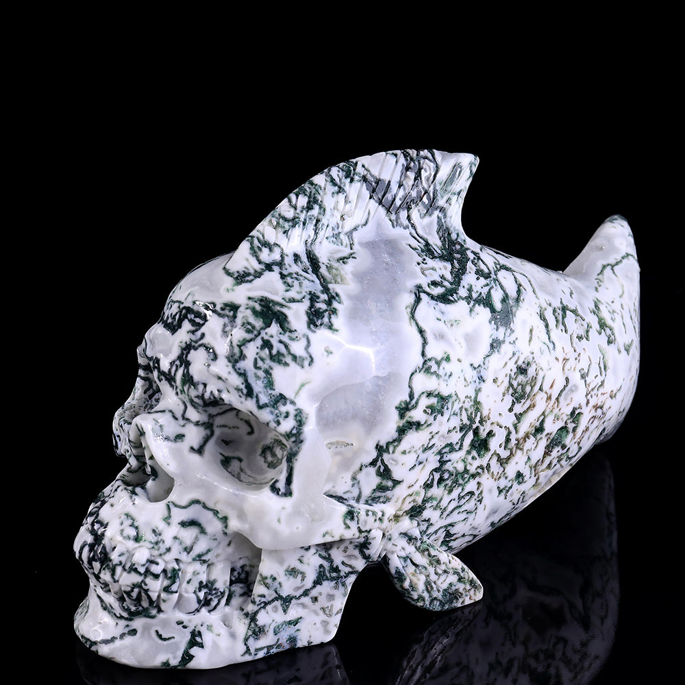 11.4" Moss Agate Fish Skull Carving - Unique Piece #3100153