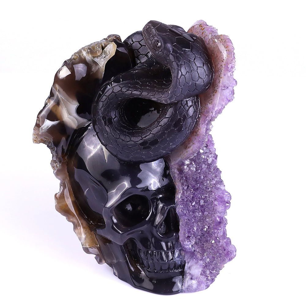 5.0" Amethyst Cluster Human Skull with Snake Carving - Unique Piece #3100161