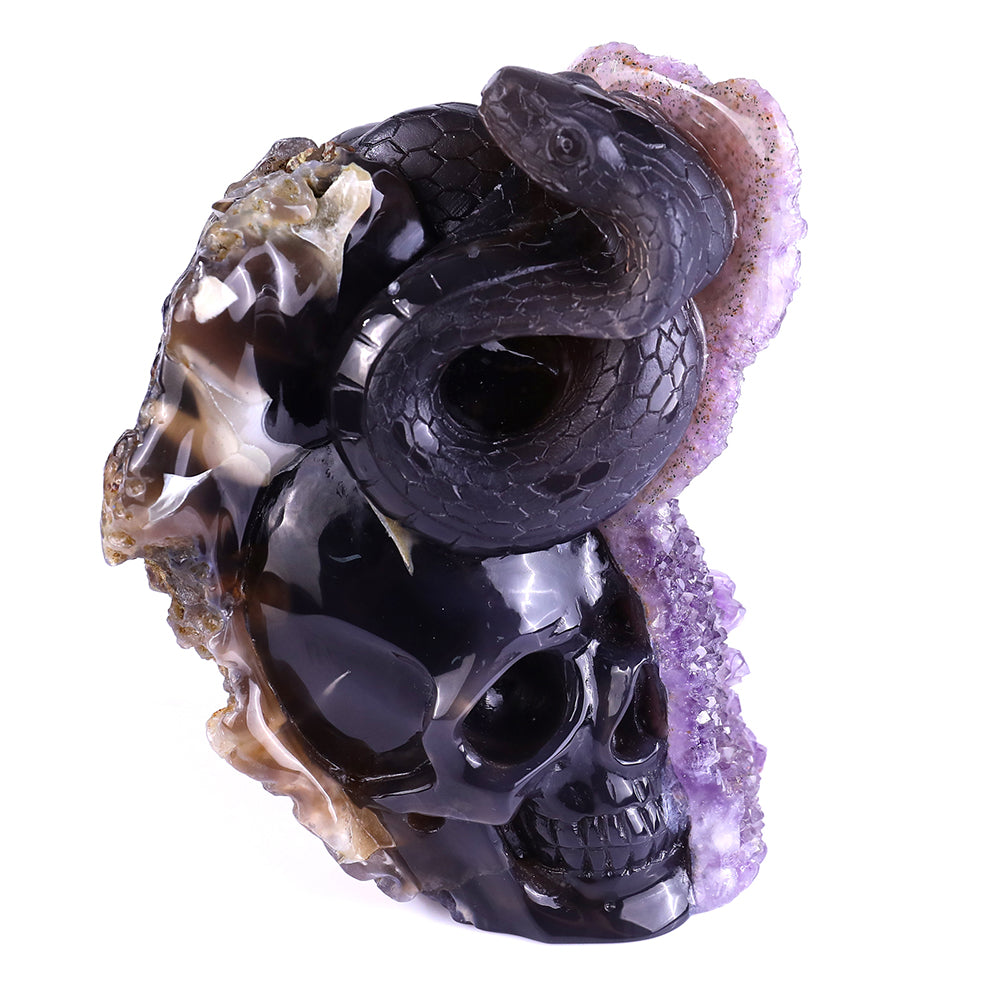 5.0" Amethyst Cluster Human Skull with Snake Carving - Unique Piece #3100161