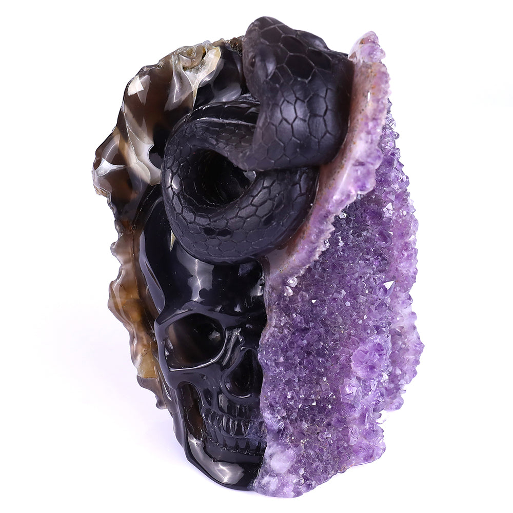 5.0" Amethyst Cluster Human Skull with Snake Carving - Unique Piece #3100161