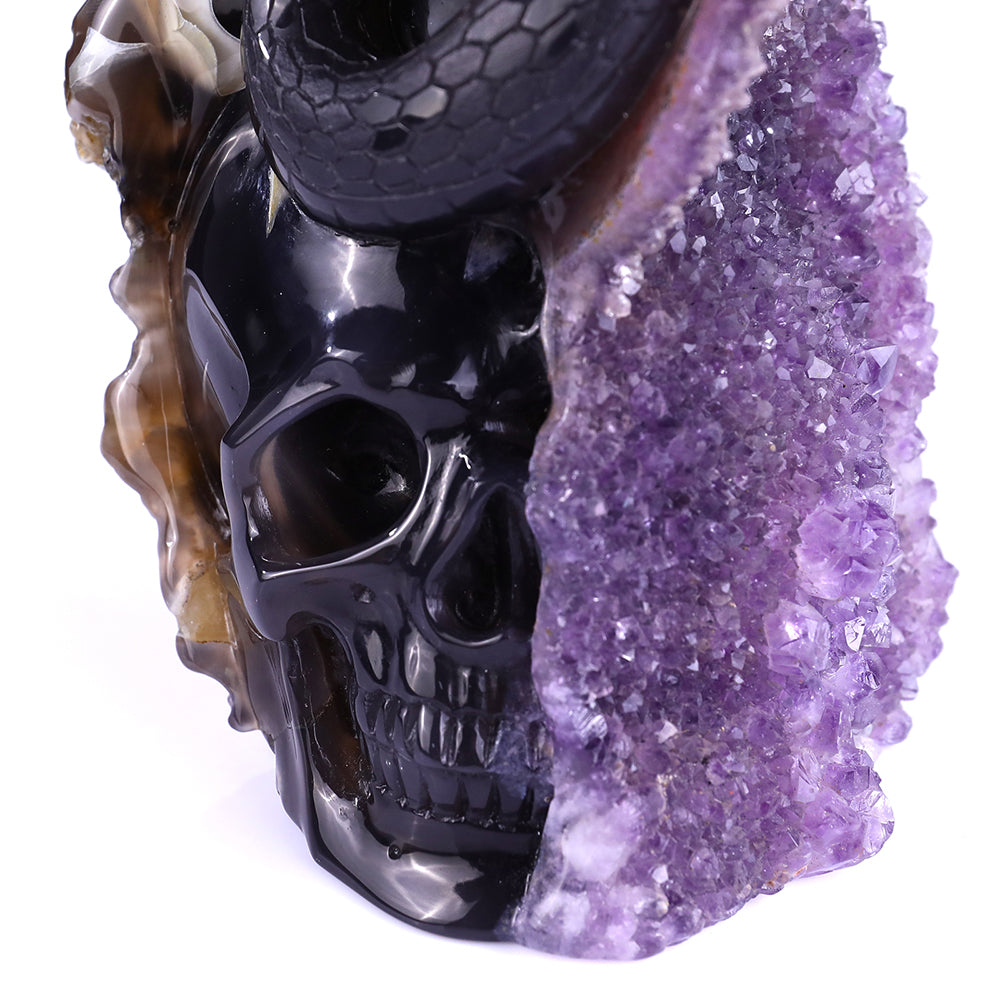 5.0" Amethyst Cluster Human Skull with Snake Carving - Unique Piece #3100161