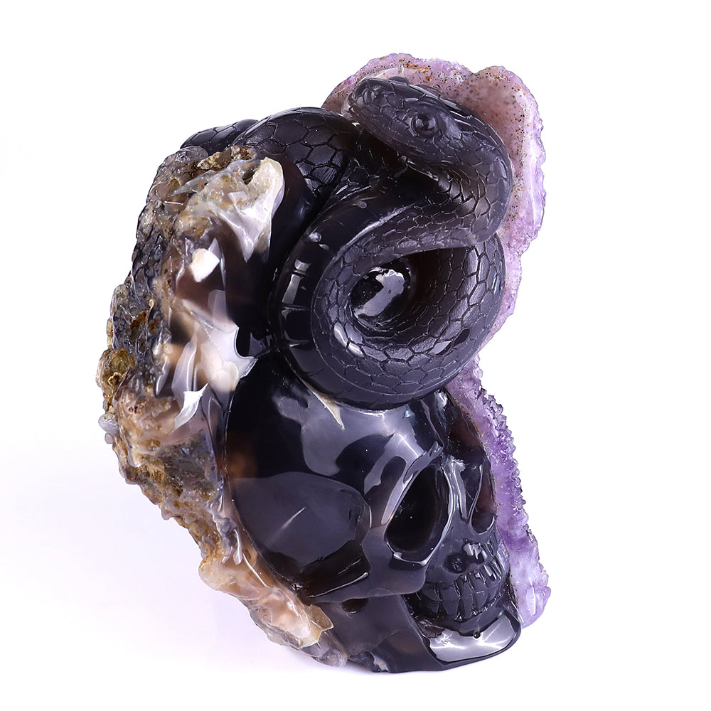 5.0" Amethyst Cluster Human Skull with Snake Carving - Unique Piece #3100161