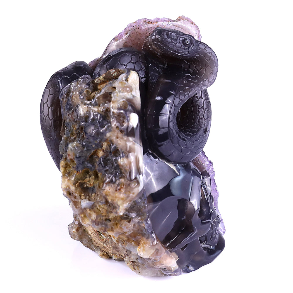 5.0" Amethyst Cluster Human Skull with Snake Carving - Unique Piece #3100161