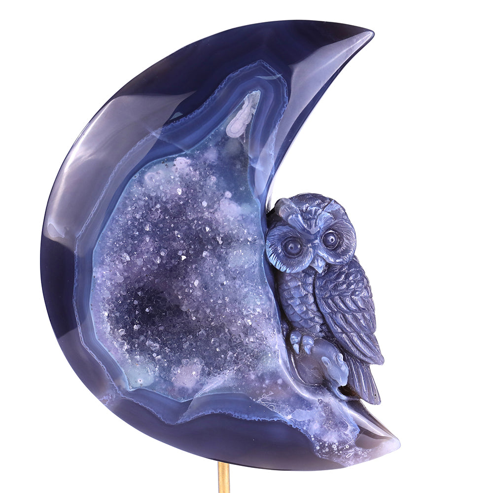 6.1" Clear Quartz Cluster Crescent Owl Carving - Unique Piece #3100164