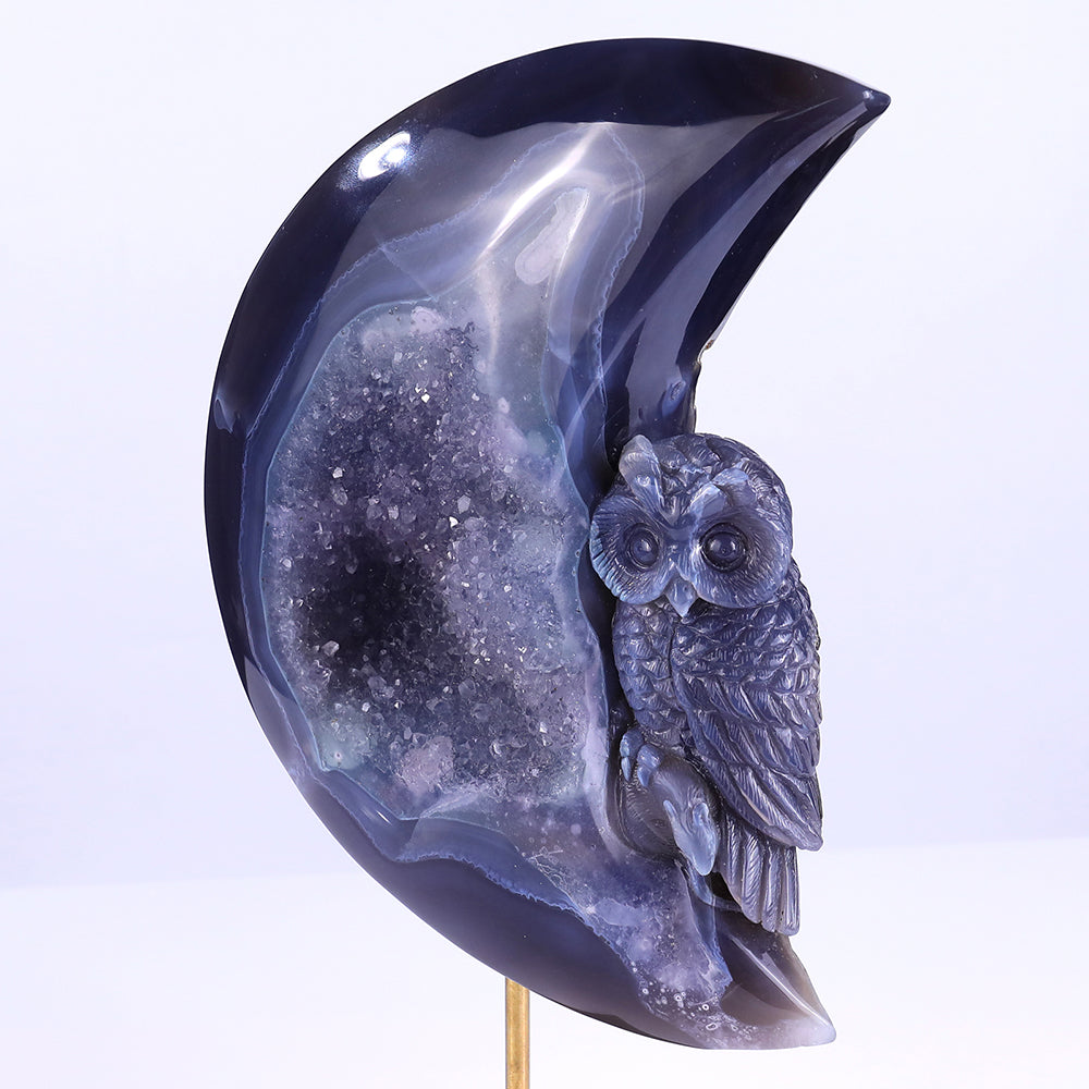 6.1" Clear Quartz Cluster Crescent Owl Carving - Unique Piece #3100164