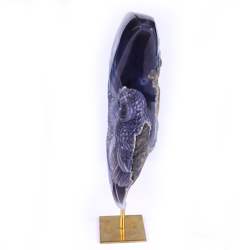 6.1" Clear Quartz Cluster Crescent Owl Carving - Unique Piece #3100164