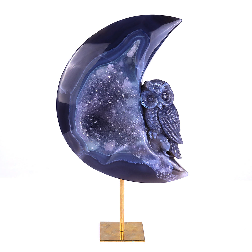 6.1" Clear Quartz Cluster Crescent Owl Carving - Unique Piece #3100164