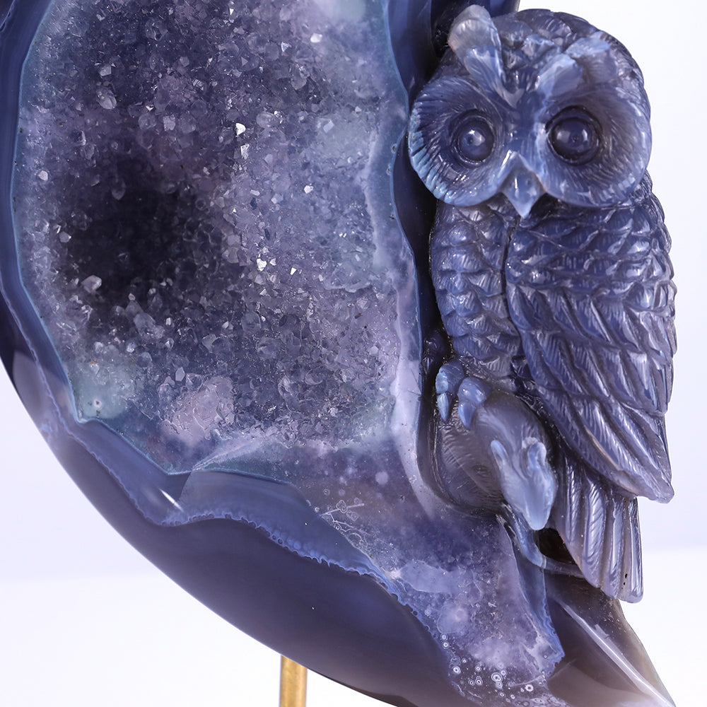 6.1" Clear Quartz Cluster Crescent Owl Carving - Unique Piece #3100164