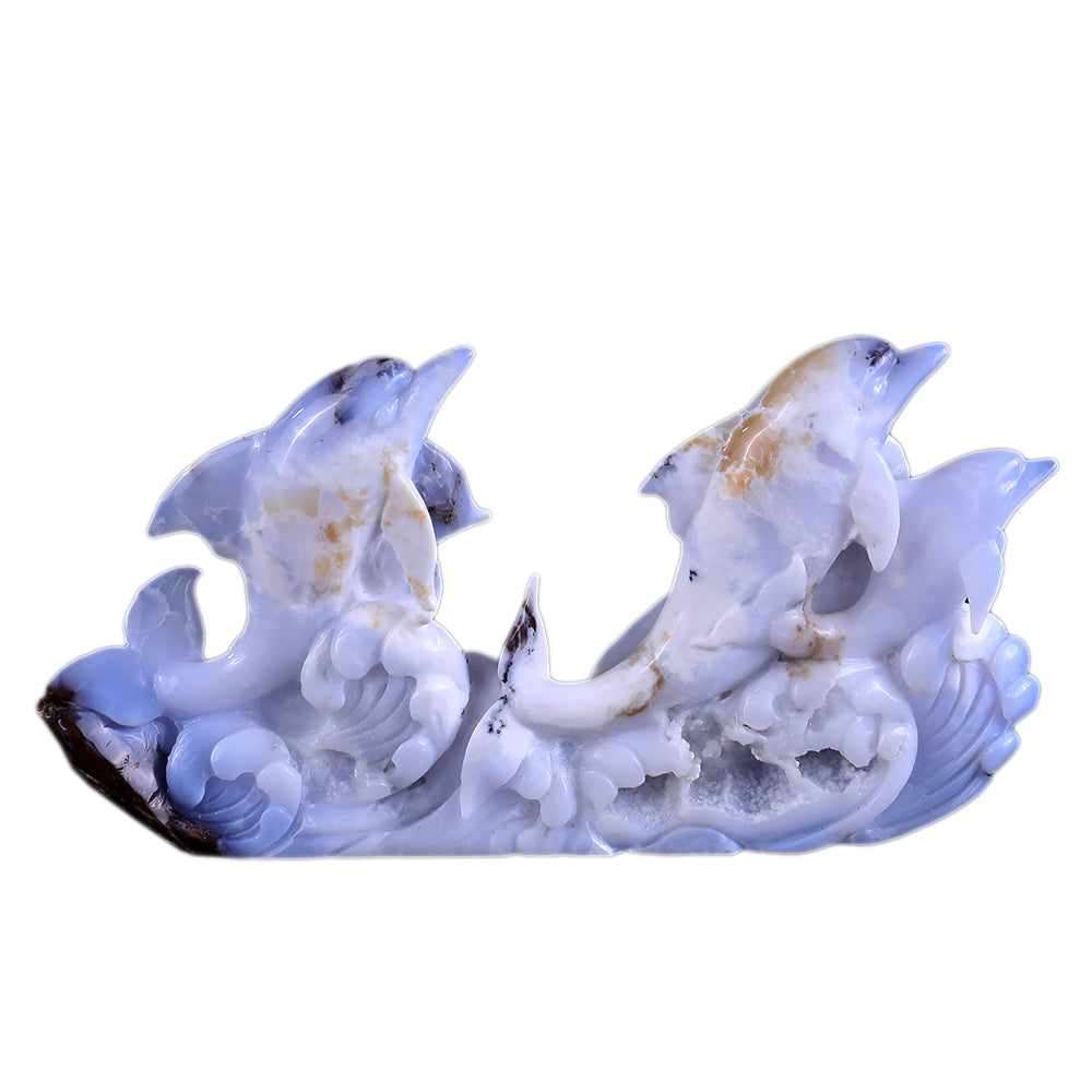 11.0" Blue Chalcedony Geode Dolphins Carving - Unique Piece #3100201