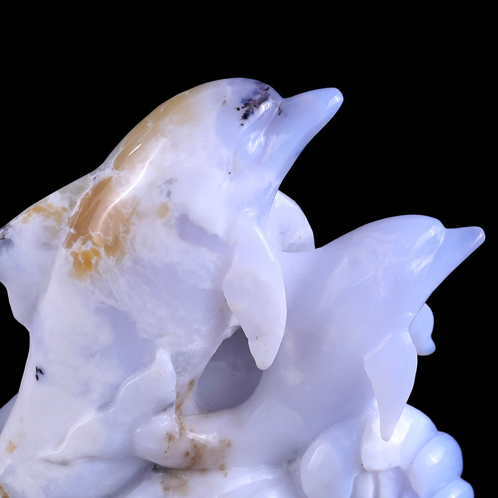11.0" Blue Chalcedony Geode Dolphins Carving - Unique Piece #3100201