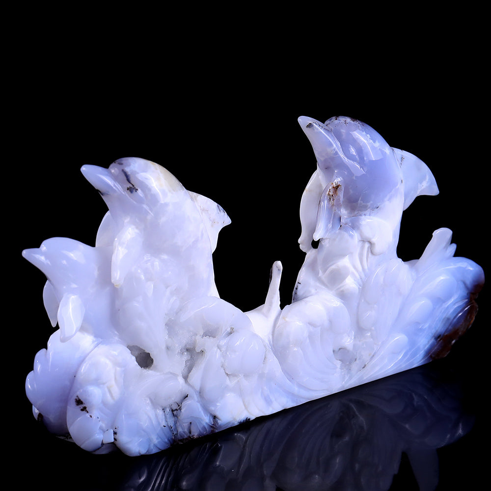 11.0" Blue Chalcedony Geode Dolphins Carving - Unique Piece #3100201
