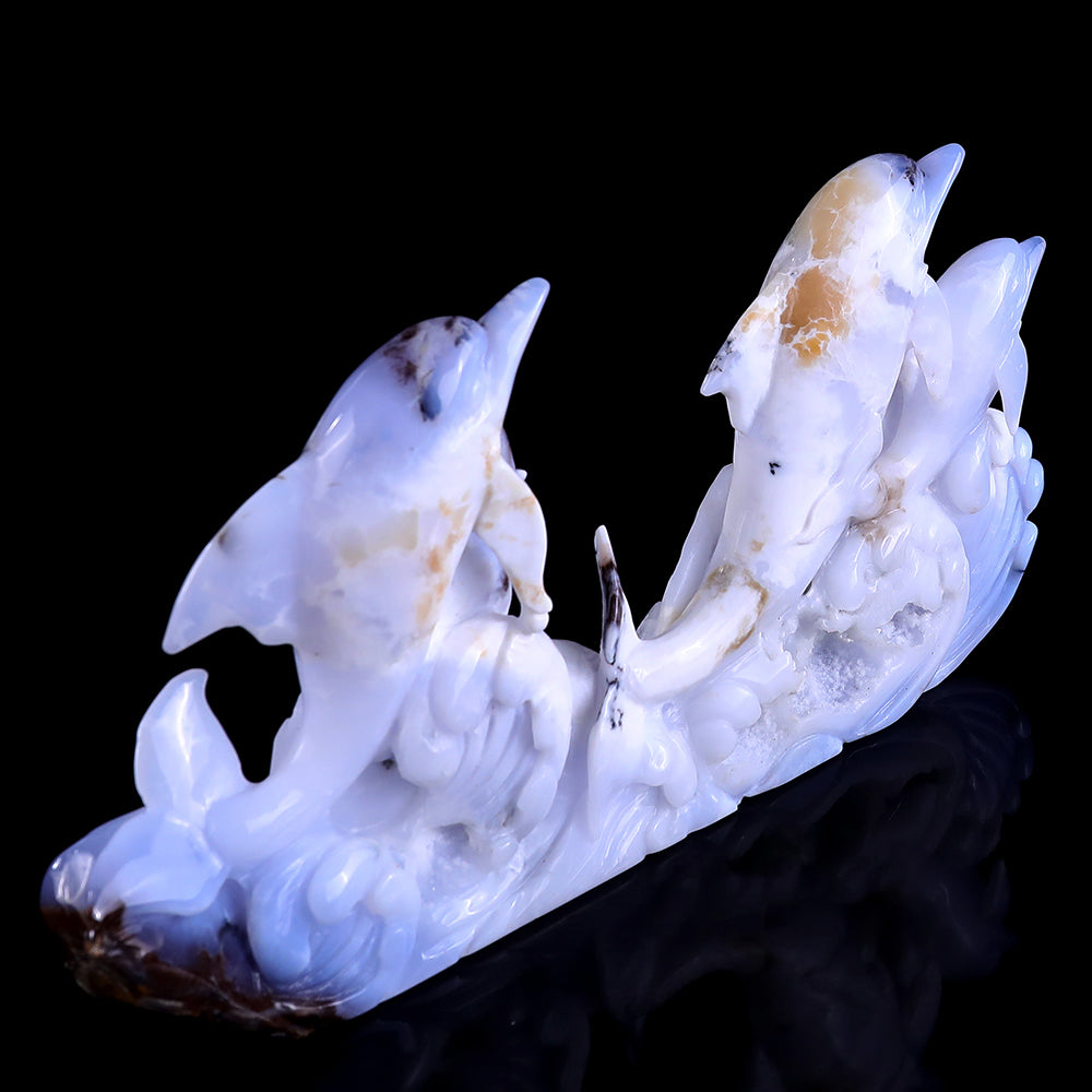 11.0" Blue Chalcedony Geode Dolphins Carving - Unique Piece #3100201