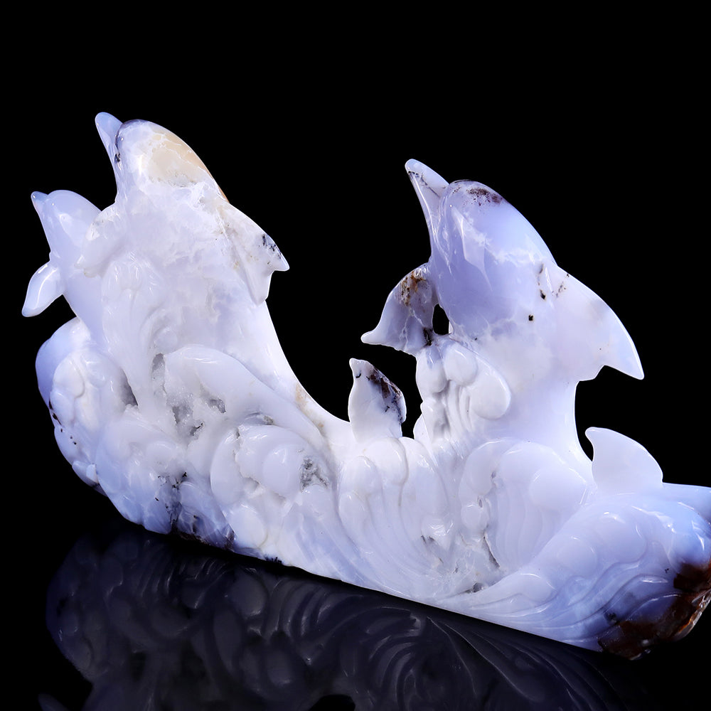 11.0" Blue Chalcedony Geode Dolphins Carving - Unique Piece #3100201