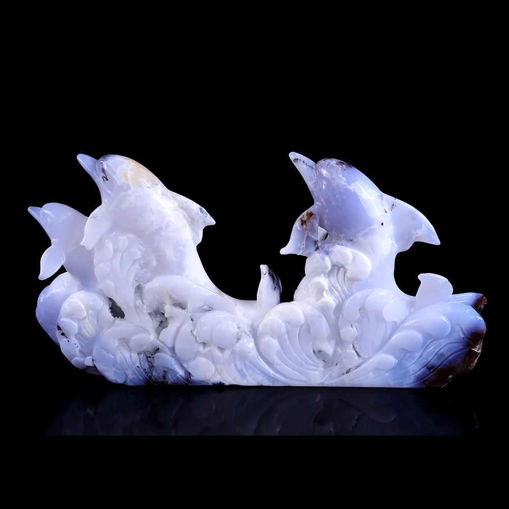 11.0" Blue Chalcedony Geode Dolphins Carving - Unique Piece #3100201