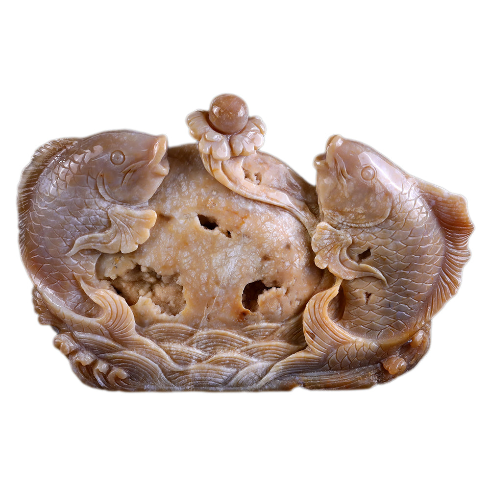 10.6" Yellow Chalcedony Double Fish Playing with Ball Carving - Unique Piece #3100202