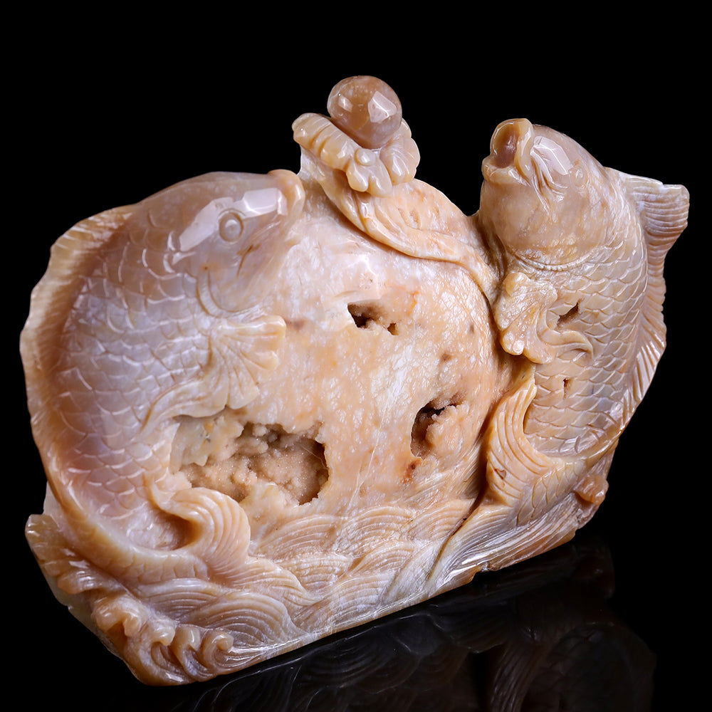 10.6" Yellow Chalcedony Double Fish Playing with Ball Carving - Unique Piece #3100202