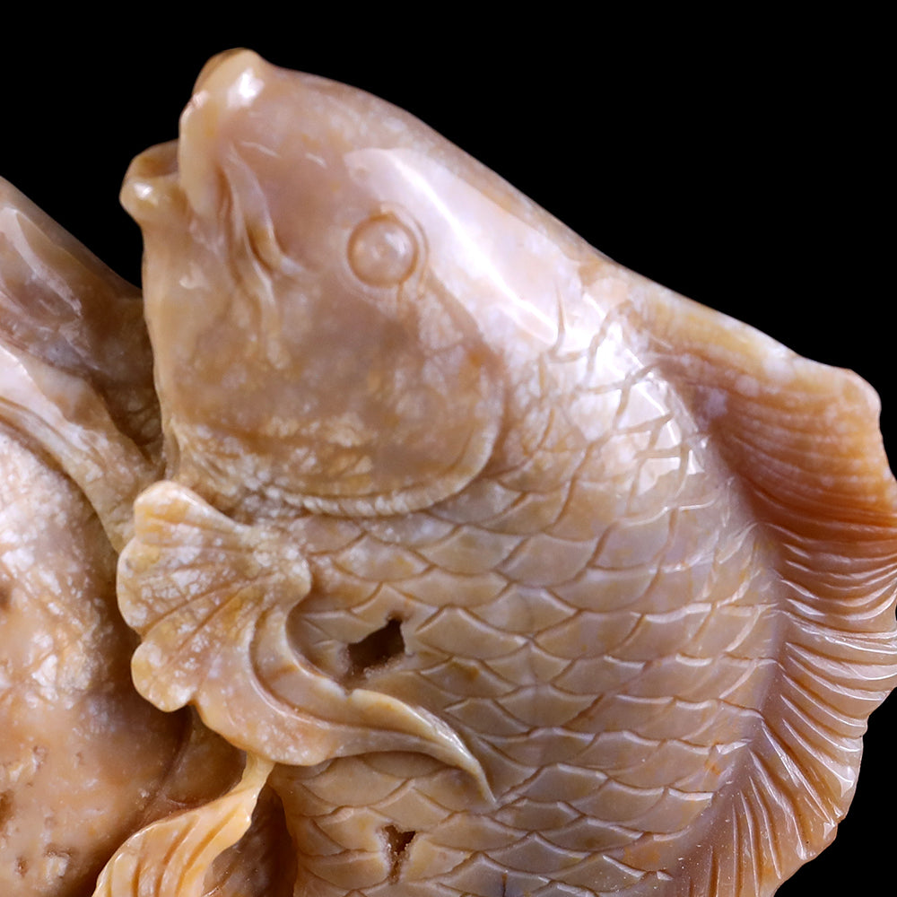 10.6" Yellow Chalcedony Double Fish Playing with Ball Carving - Unique Piece #3100202
