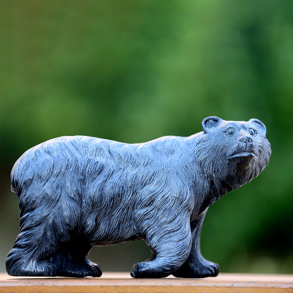 8.7" Textured Black Obsidian Polar Bear Carving - Unique Piece #3100204