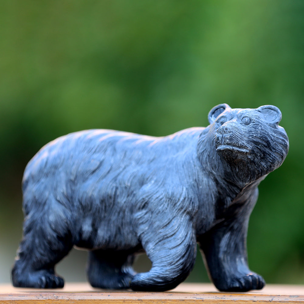 8.7" Textured Black Obsidian Polar Bear Carving - Unique Piece #3100204