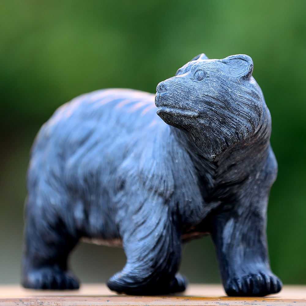 8.7" Textured Black Obsidian Polar Bear Carving - Unique Piece #3100204