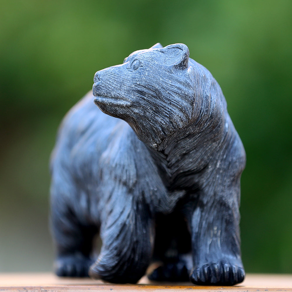 8.7" Textured Black Obsidian Polar Bear Carving - Unique Piece #3100204