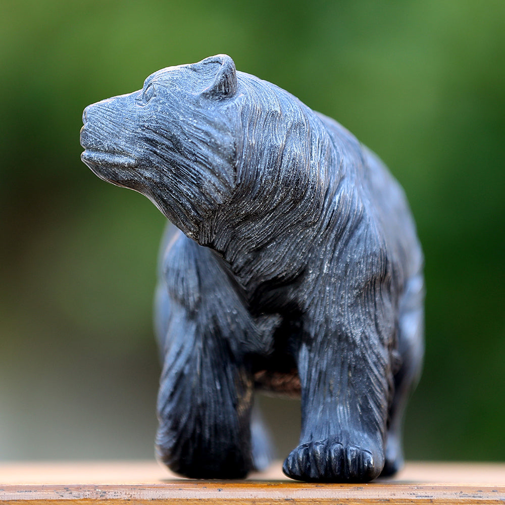 8.7" Textured Black Obsidian Polar Bear Carving - Unique Piece #3100204