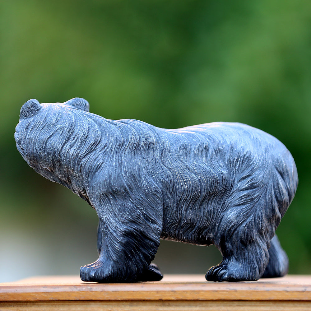 8.7" Textured Black Obsidian Polar Bear Carving - Unique Piece #3100204